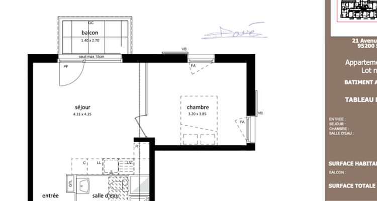 Appartement a louer  - 2 pièce(s) - 39.1 m2 - Surfyn
