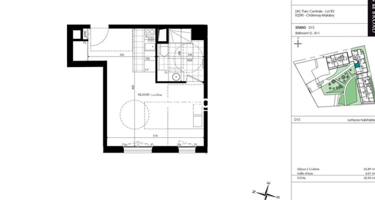 Appartement a louer  - 1 pièce(s) - 32.9 m2 - Surfyn