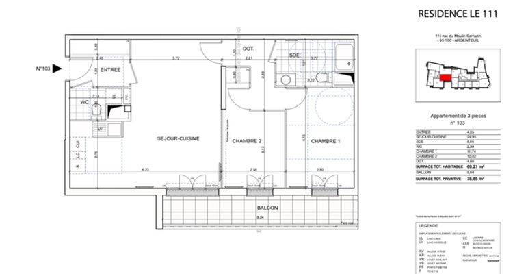 Appartement a louer argenteuil - 3 pièce(s) - 69.2 m2 - Surfyn