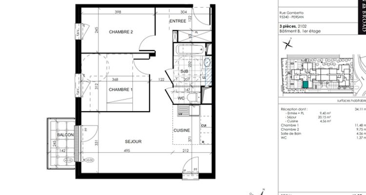 Appartement a louer  - 3 pièce(s) - 60.9 m2 - Surfyn